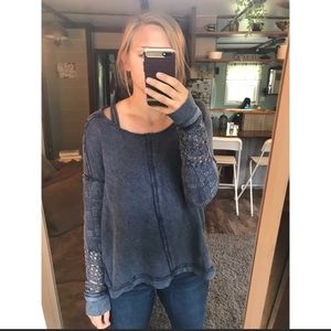 Free People knit sweater crochet sleeves blue sz S